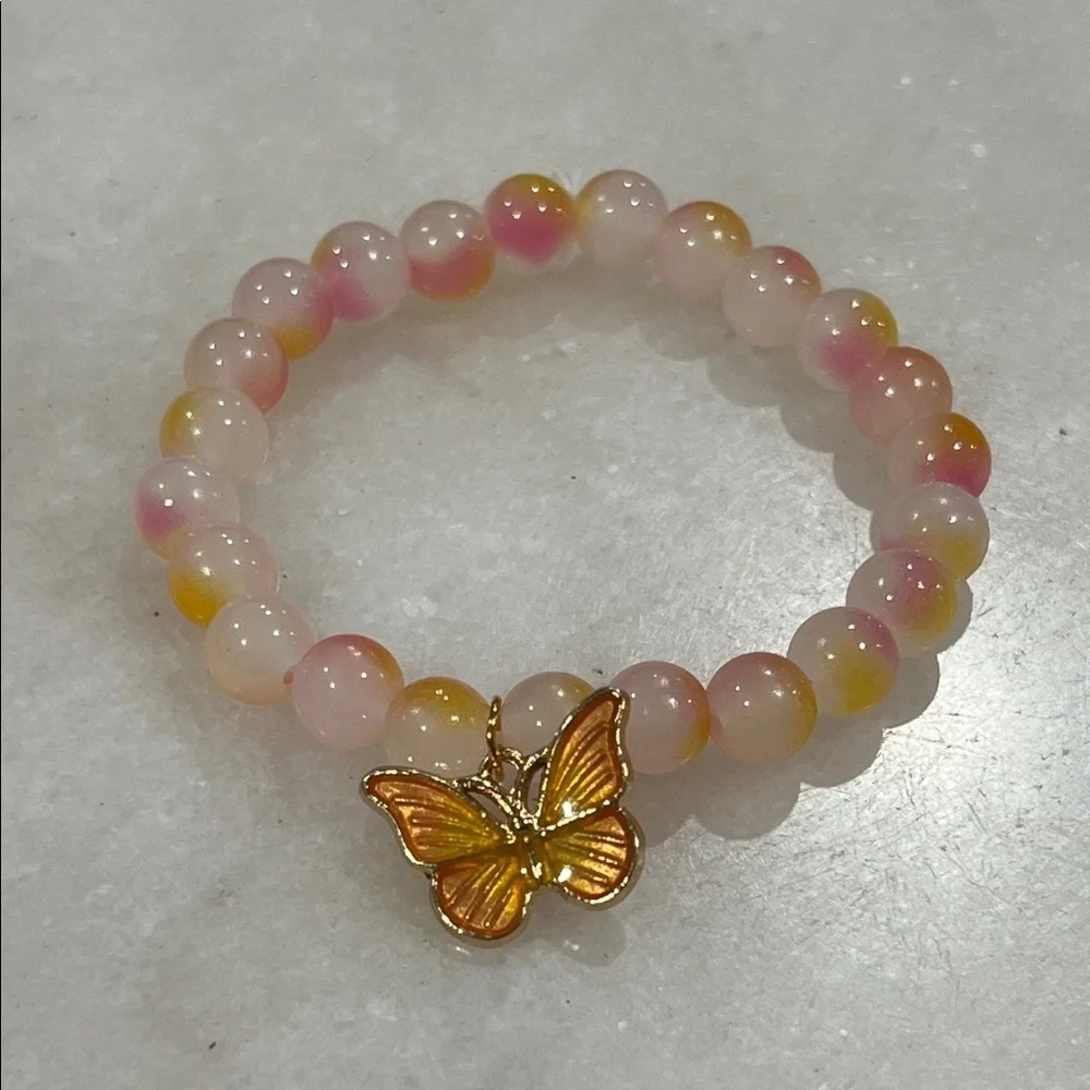 Elegant Pink and Yellow Beaded Bracelet with Butterfly Charm